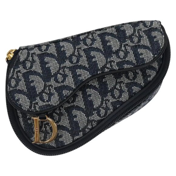 Christian Dior Trotter Canvas Saddle Pouch Navy Gold Auth EC240V - Picture 1 of 14